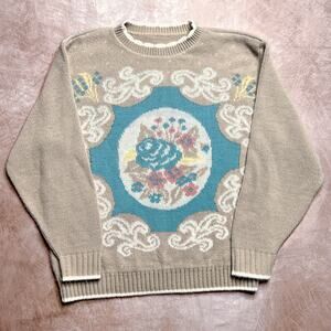 Vintage 90s Floral Rocaille Cottagecore Sweater Multicolor Knit Long Sleeve